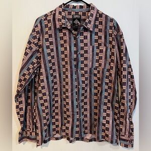 Super Massive designer button down long sleeve shirt - tribal ethnic pattern - L